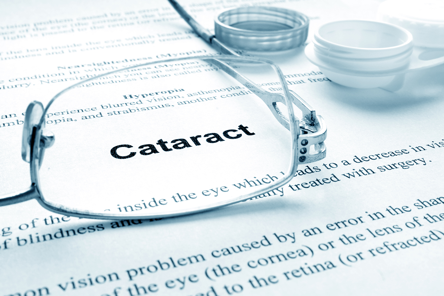 Cataract surgery Melbourne concept with reading glasses and lens case